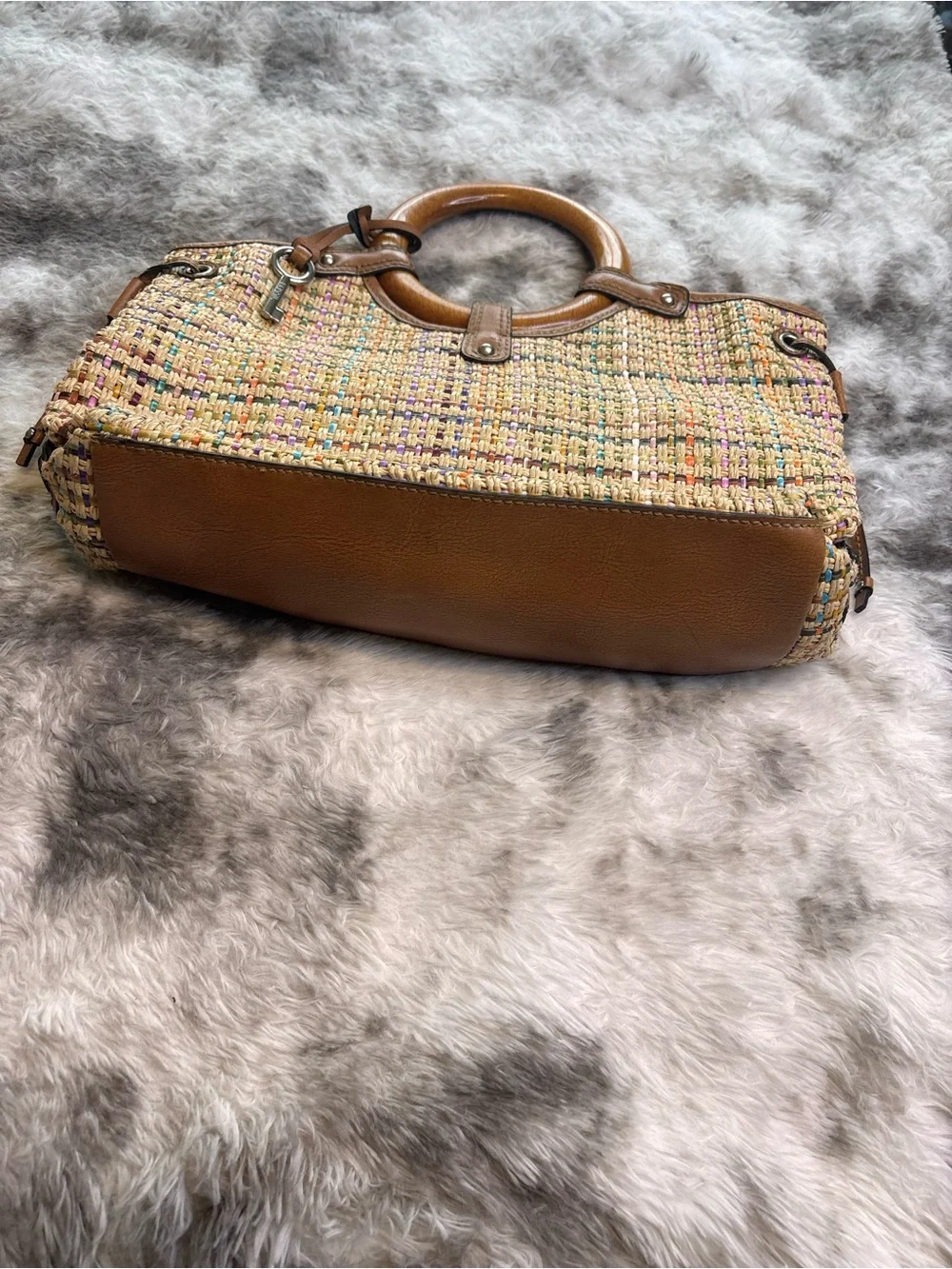 Fossil Multicolor Woven Tote with Wood Ring Handles
